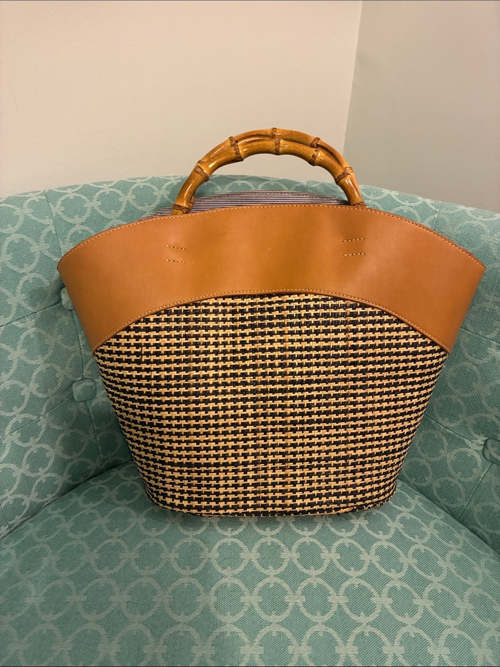 J McLaughlin Tan Woven Tote with Bamboo Handles - Designer Style